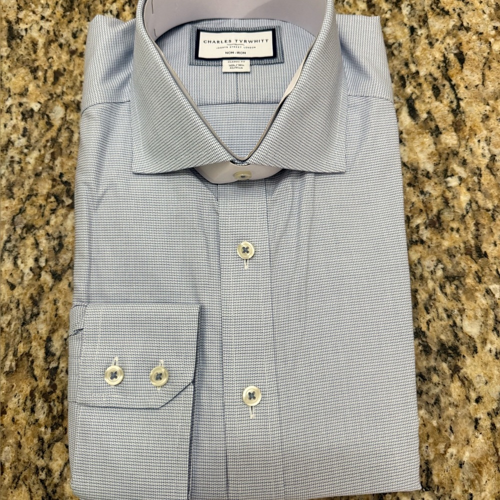 CHARLES TYRWHITT BLUE NONIRON WESTMINSTER WEAVE CUTAWAY CLASSIC FIT-16.5 36